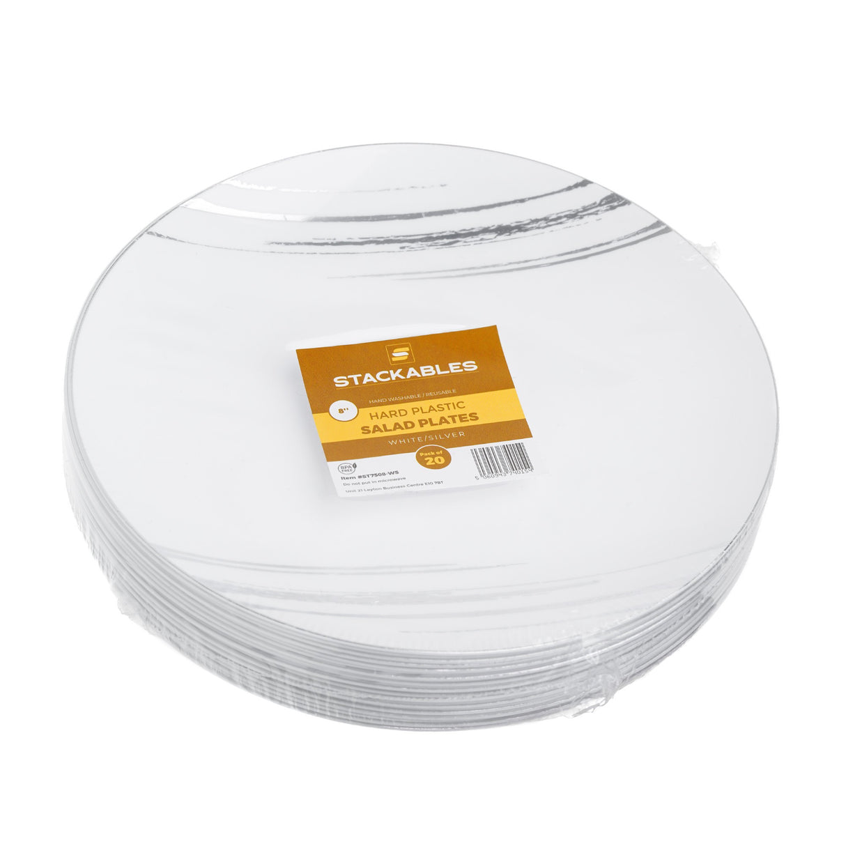 20 Pack 8" White & Silver Designed Plastic Plates - Decodine