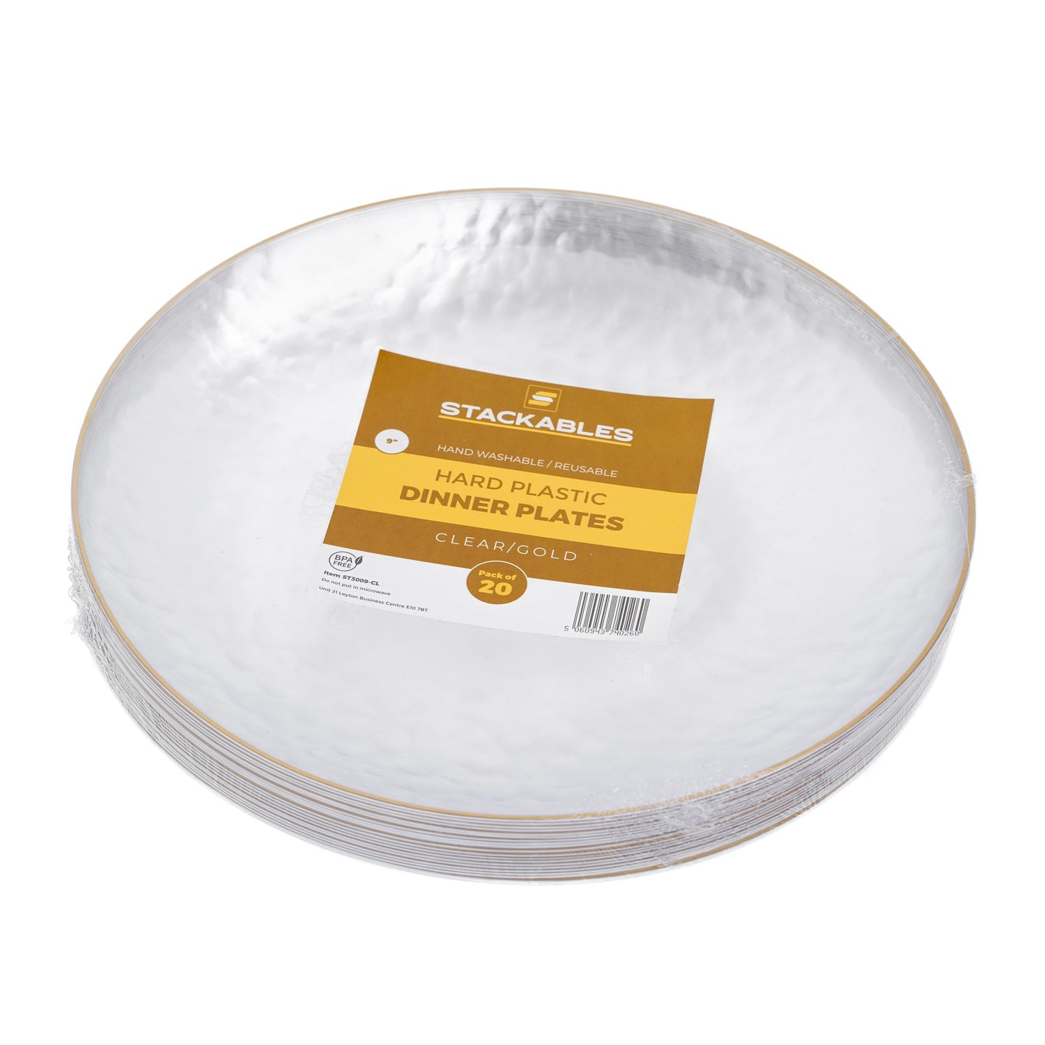 20 Pack 9" Clear Plastic Dessert Plates Hammered Designed with Gold Rim - Decodine