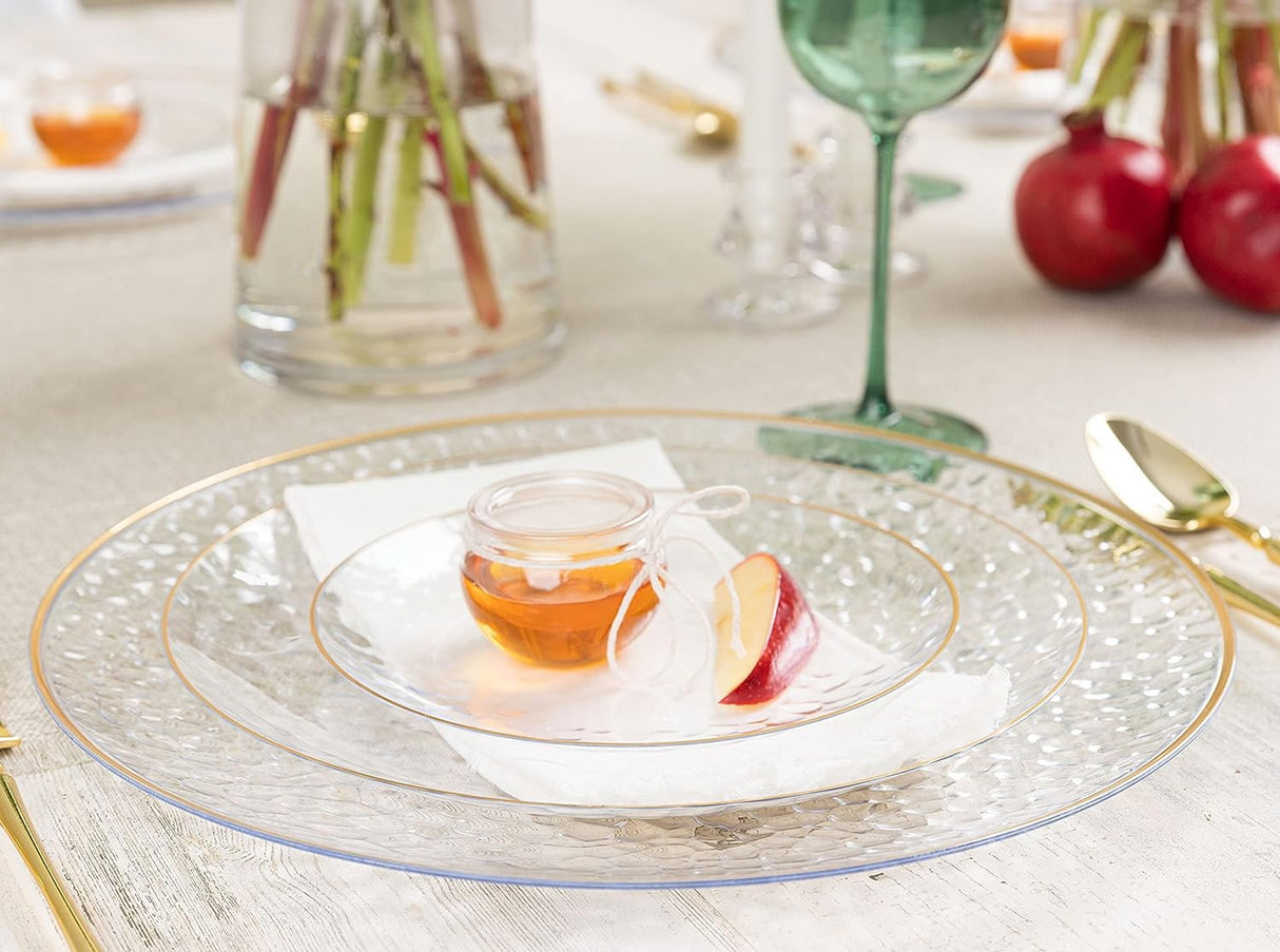 20 Pack 9" Clear Plastic Dessert Plates Hammered Designed with Gold Rim - Decodine