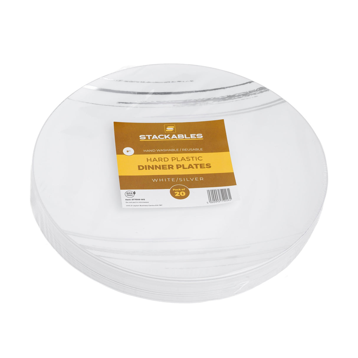 20 Pack 9" White & Silver Designed Plastic Plates - Decodine