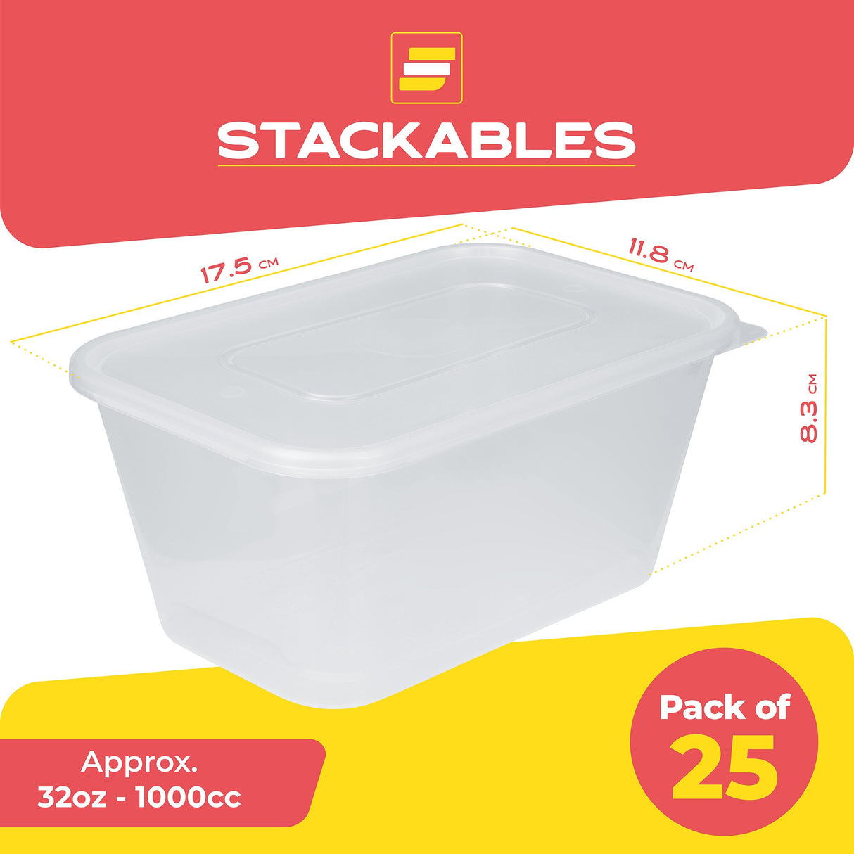 25 Pack 1000ml Rectangular Clear Plastic Containers with Lids - Decodine