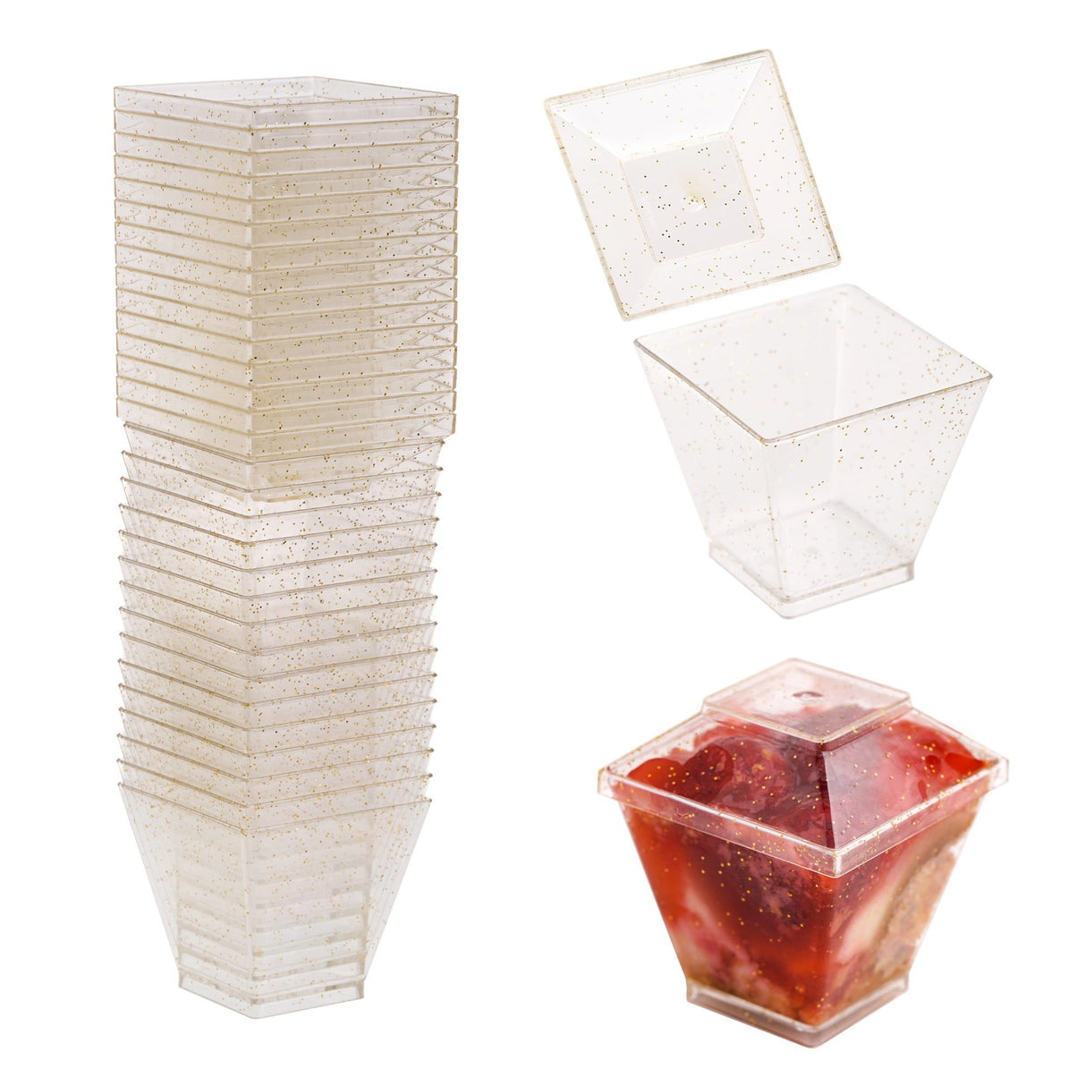 30 Pack 2.3oz Clear Gold Glittered Mini Dessert Bowls/Cups with Lids - Decodine