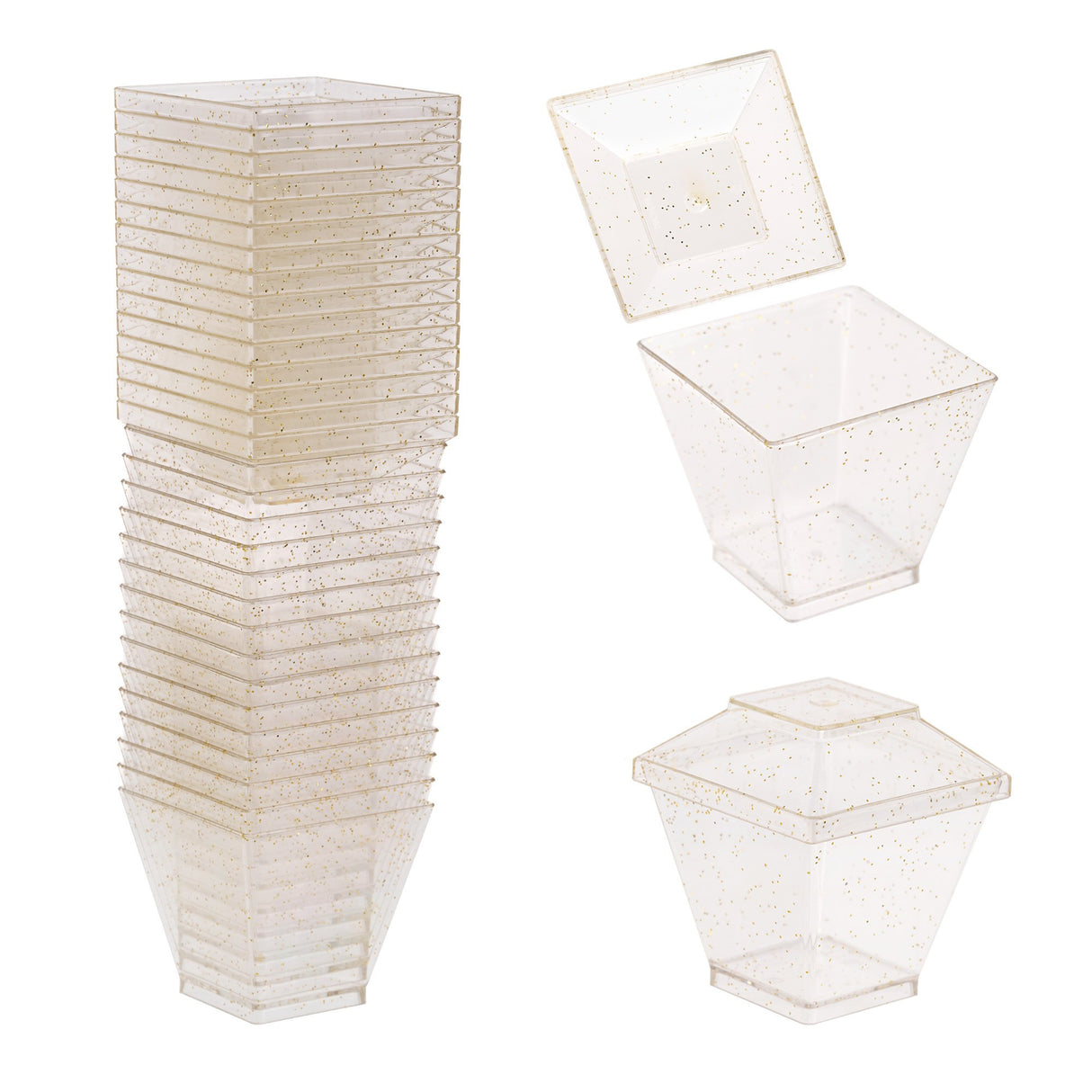 30 Pack 2.3oz Clear Gold Glittered Mini Dessert Bowls/Cups with Lids - Decodine