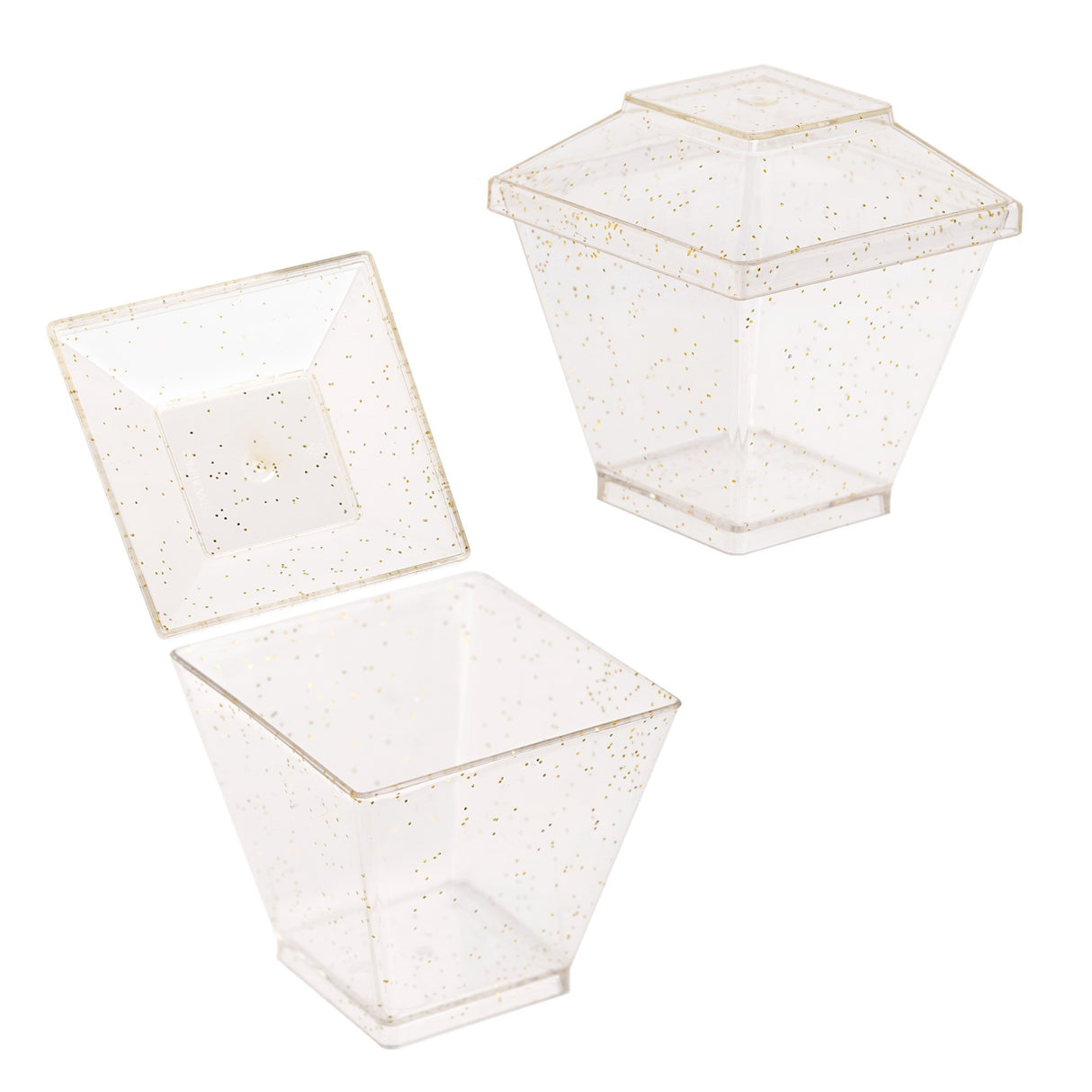 30 Pack 2.3oz Clear Gold Glittered Mini Dessert Bowls/Cups with Lids - Decodine