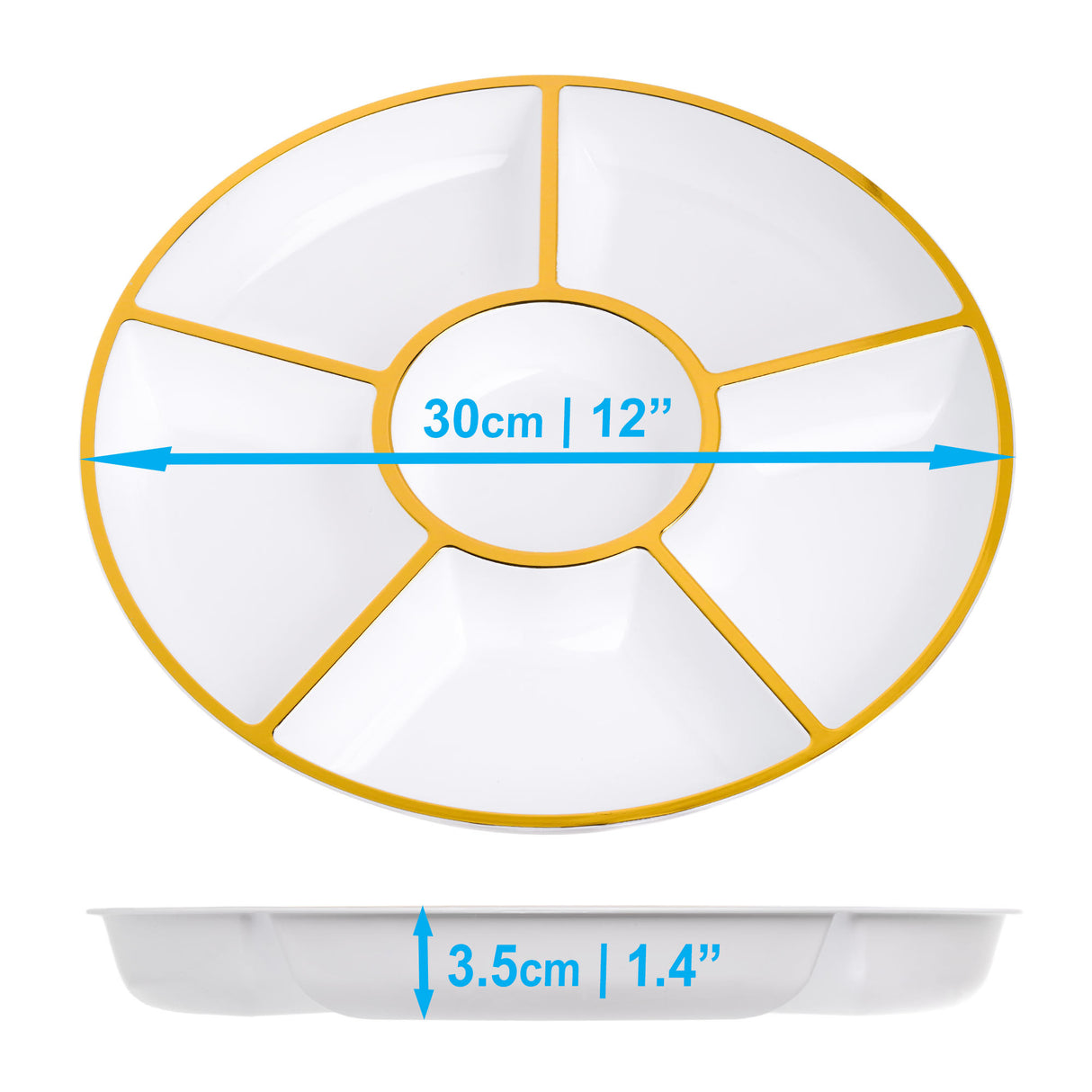 4 Pack 12" Compartment Sectional Serving Tray Platters White with Gold - Decodine