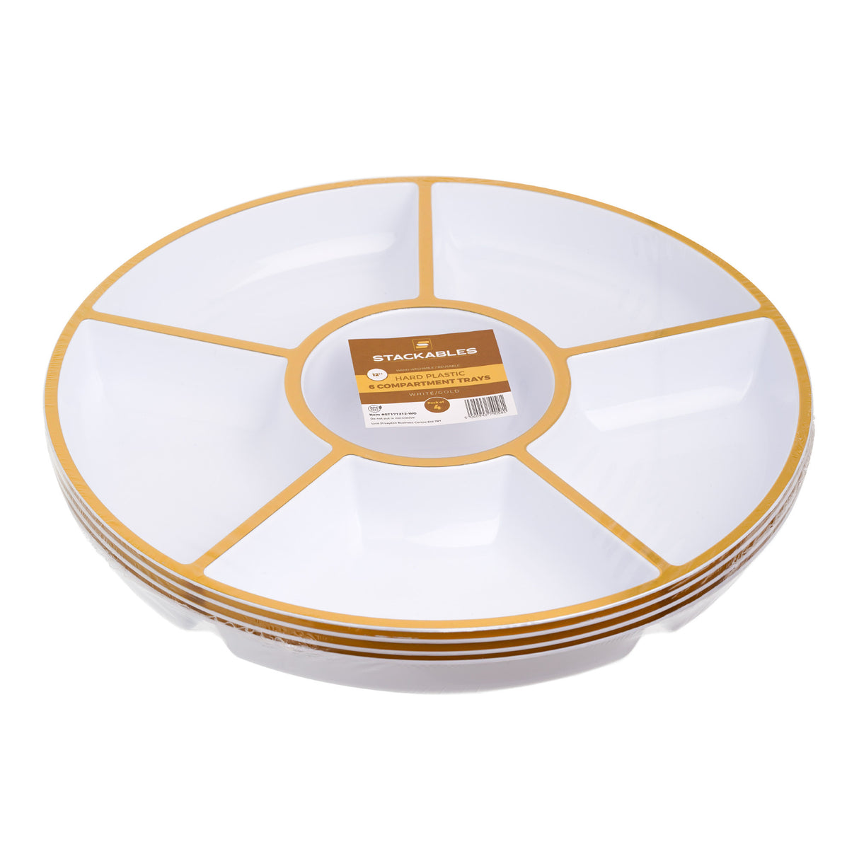 4 Pack 12" Compartment Sectional Serving Tray Platters White with Gold - Decodine