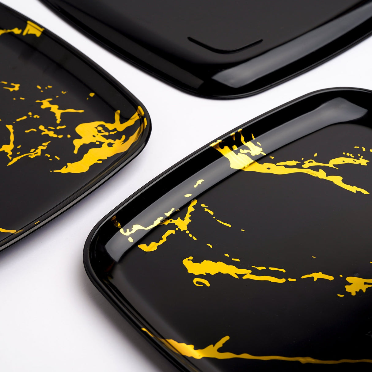 4 Pack 12" Square Marble-look Black & Gold Plastic Serving Platter Tray - Decodine