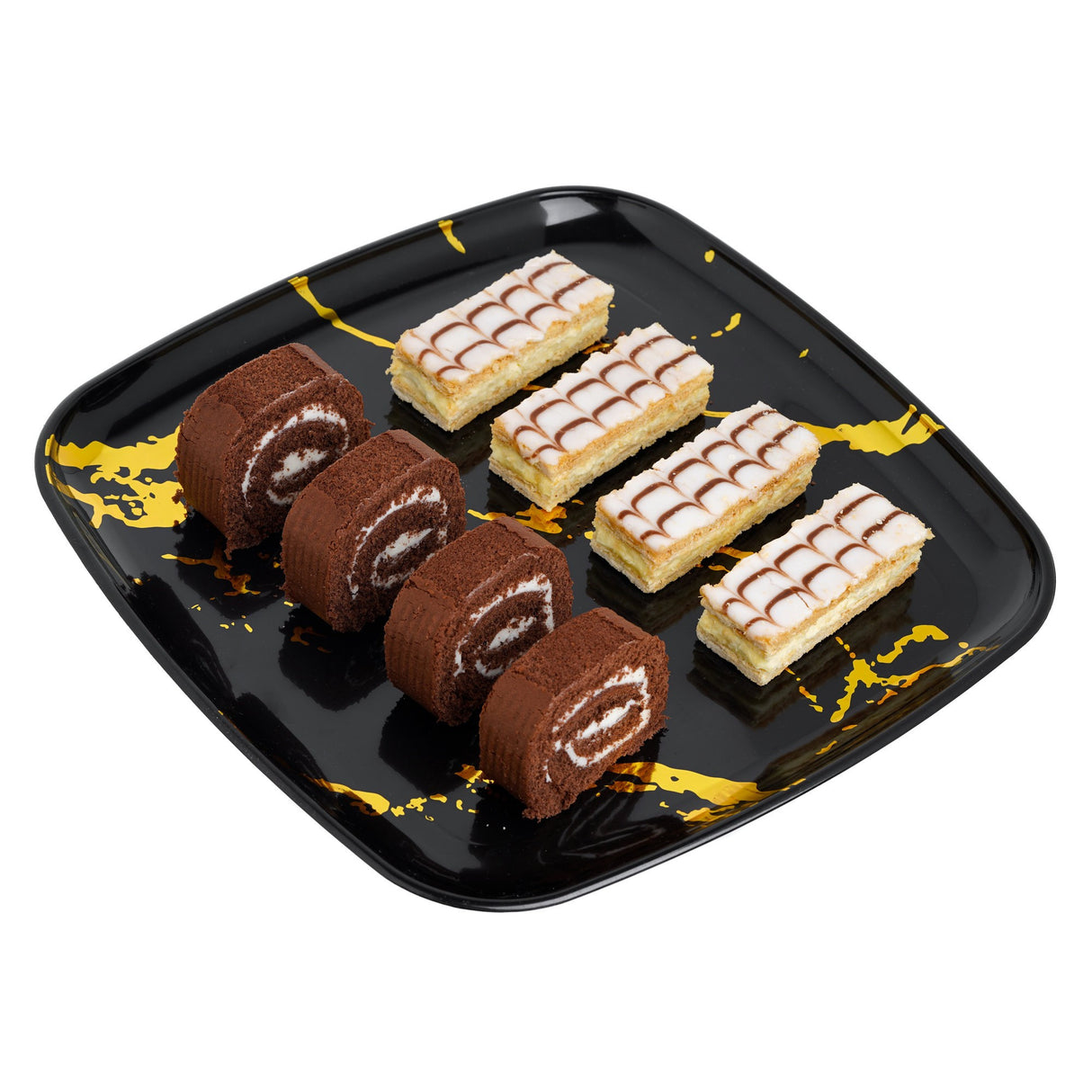 4 Pack 12" Square Marble-look Black & Gold Plastic Serving Platter Tray - Decodine