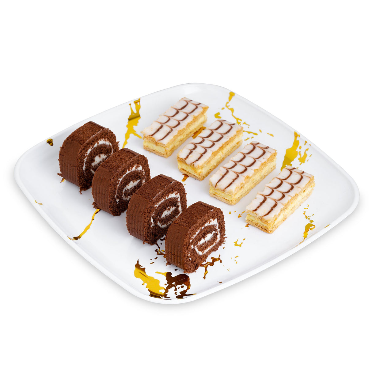 4 Pack 12" Square Marble-Look White & Gold Plastic Serving Platter Tray - Decodine