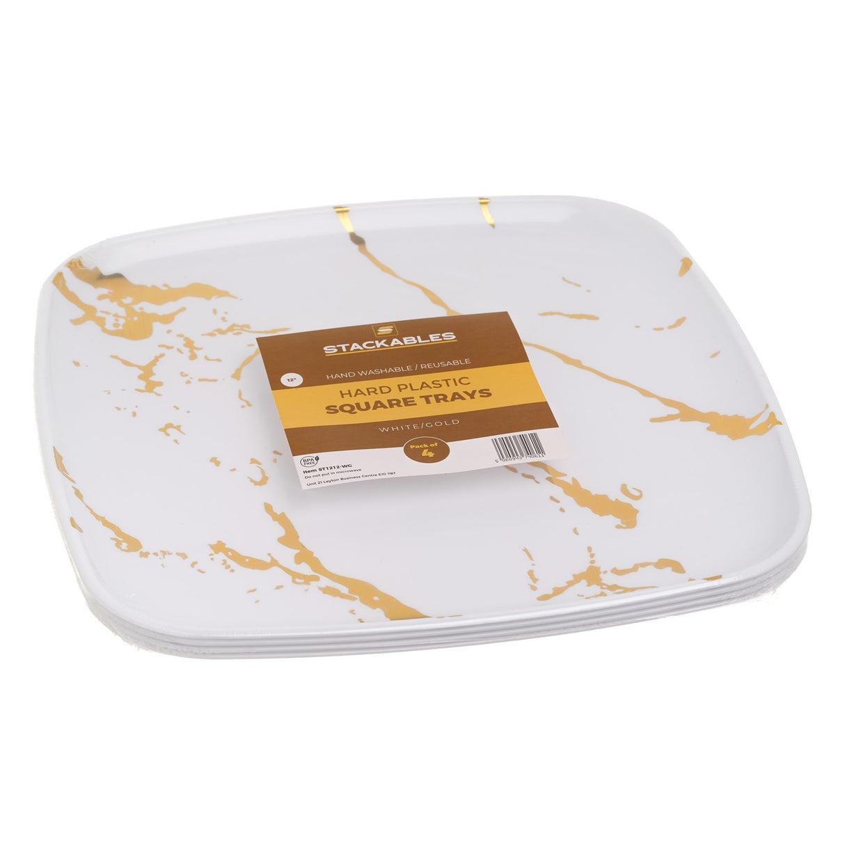 4 Pack 12" Square Marble-Look White & Gold Plastic Serving Platter Tray - Decodine