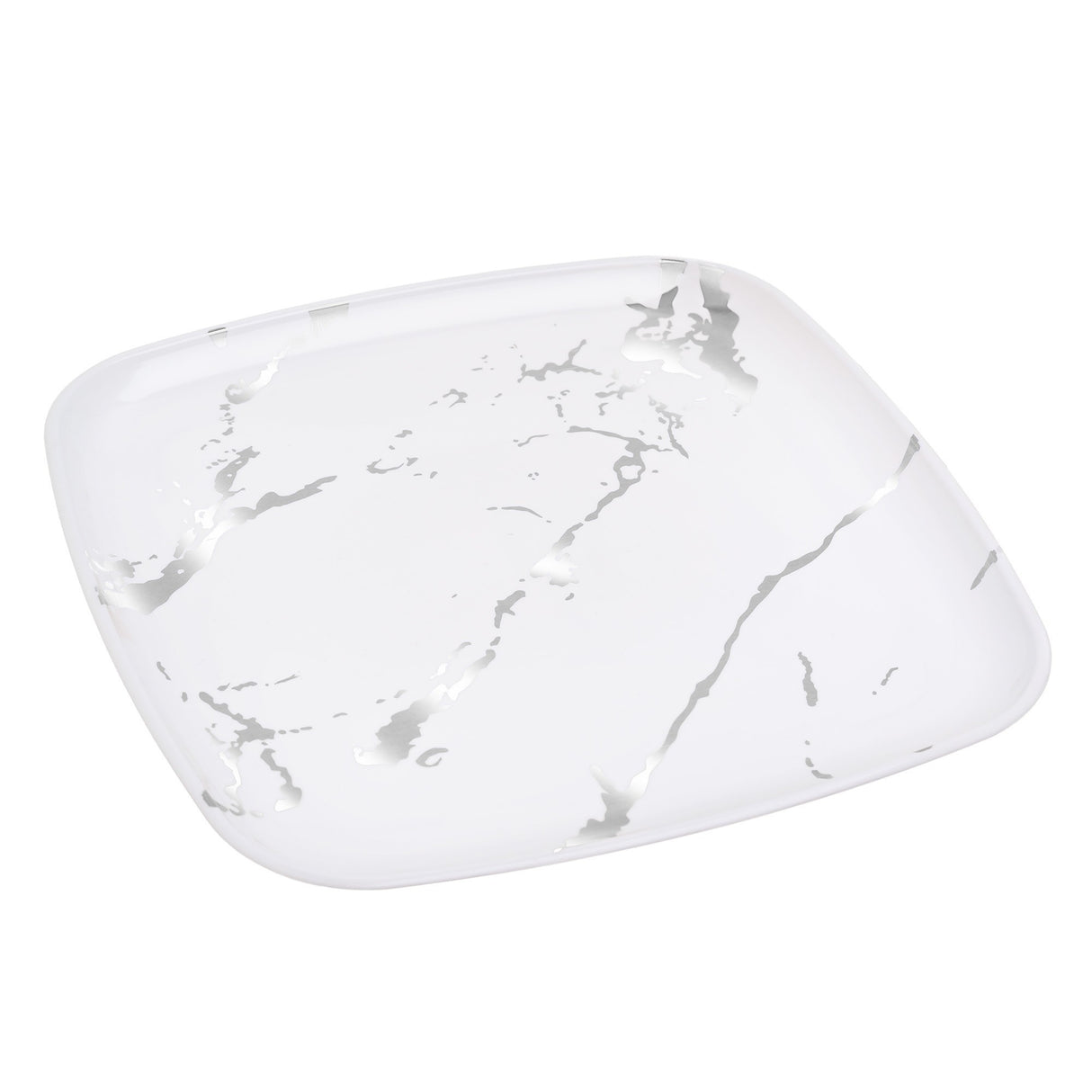4 Pack 12" Square Marble-Look White & Silver Plastic Serving Platter Tray - Decodine