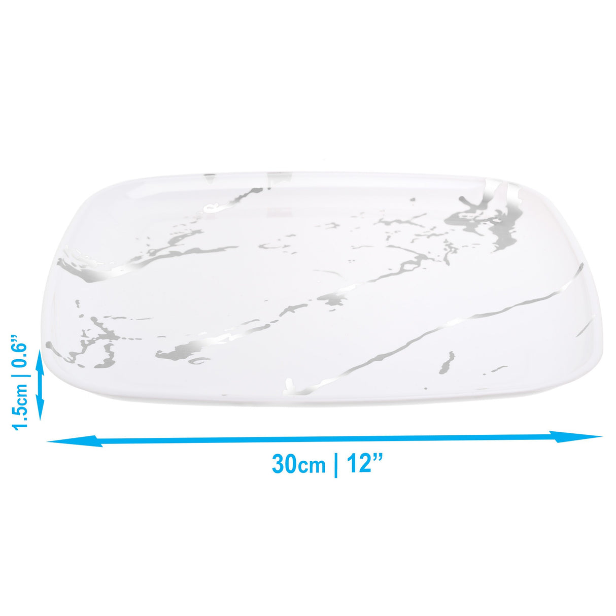 4 Pack 12" Square Marble-Look White & Silver Plastic Serving Platter Tray - Decodine