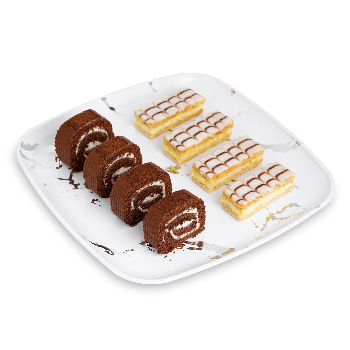 4 Pack 12" Square Marble-Look White & Silver Plastic Serving Platter Tray - Decodine