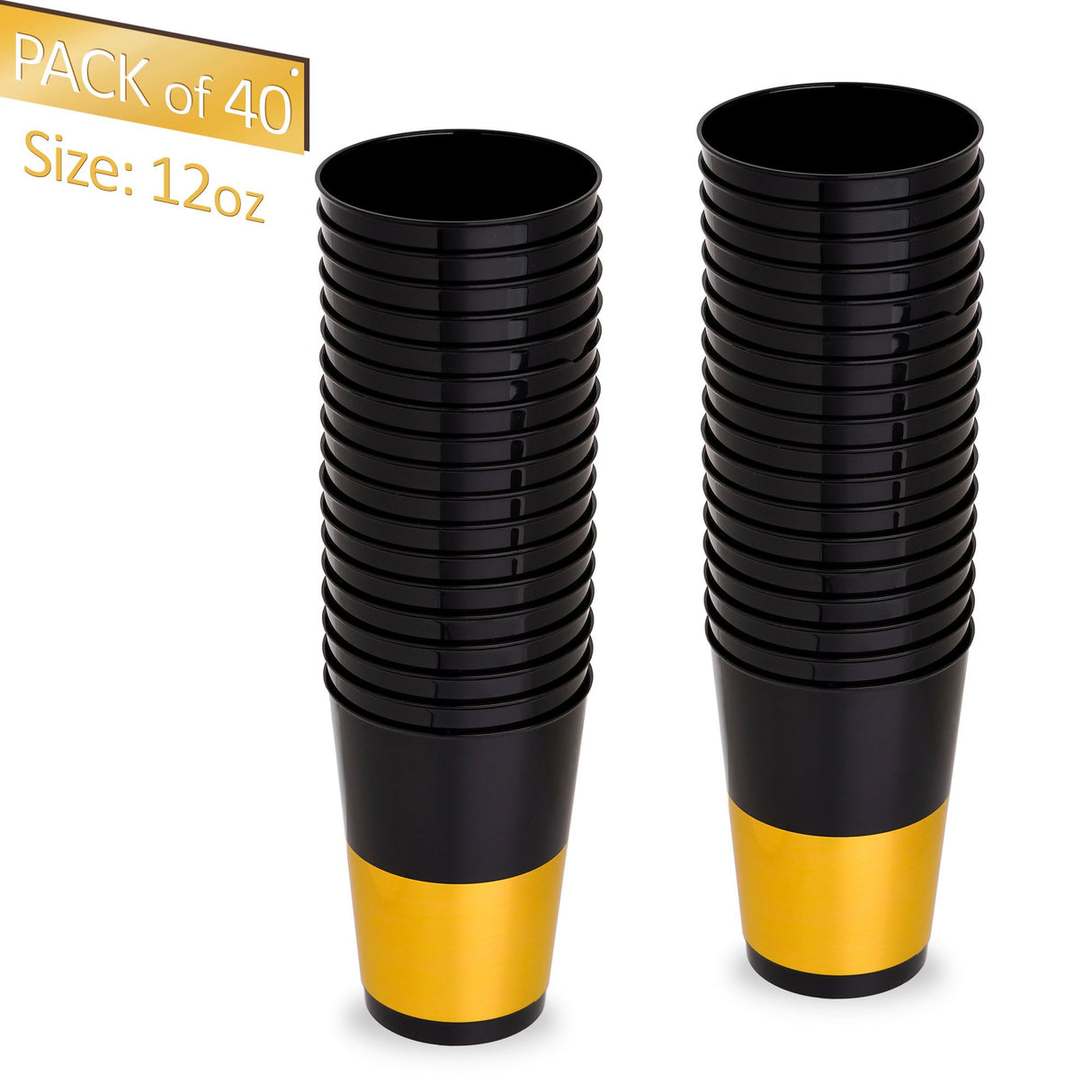 40 Pack 12oz Black & Gold Plastic Cup/Tumblers/Glasses - Decodine