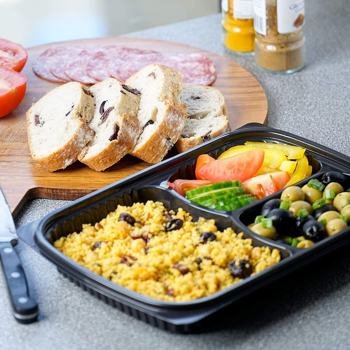 5 Pack Rectangular 3 Section Plastic Containers with Lids - Decodine