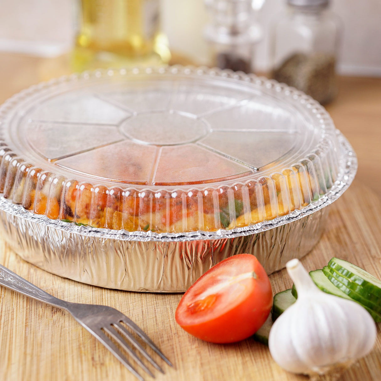 5 Pack Round 9" Aluminium Foil Container Trays with Plastic Lids - Decodine