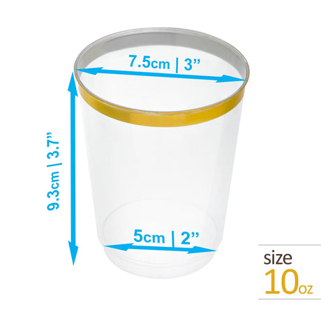 50 Pack 10oz Clear Plastic Party Cups with Gold Rim - Decodine