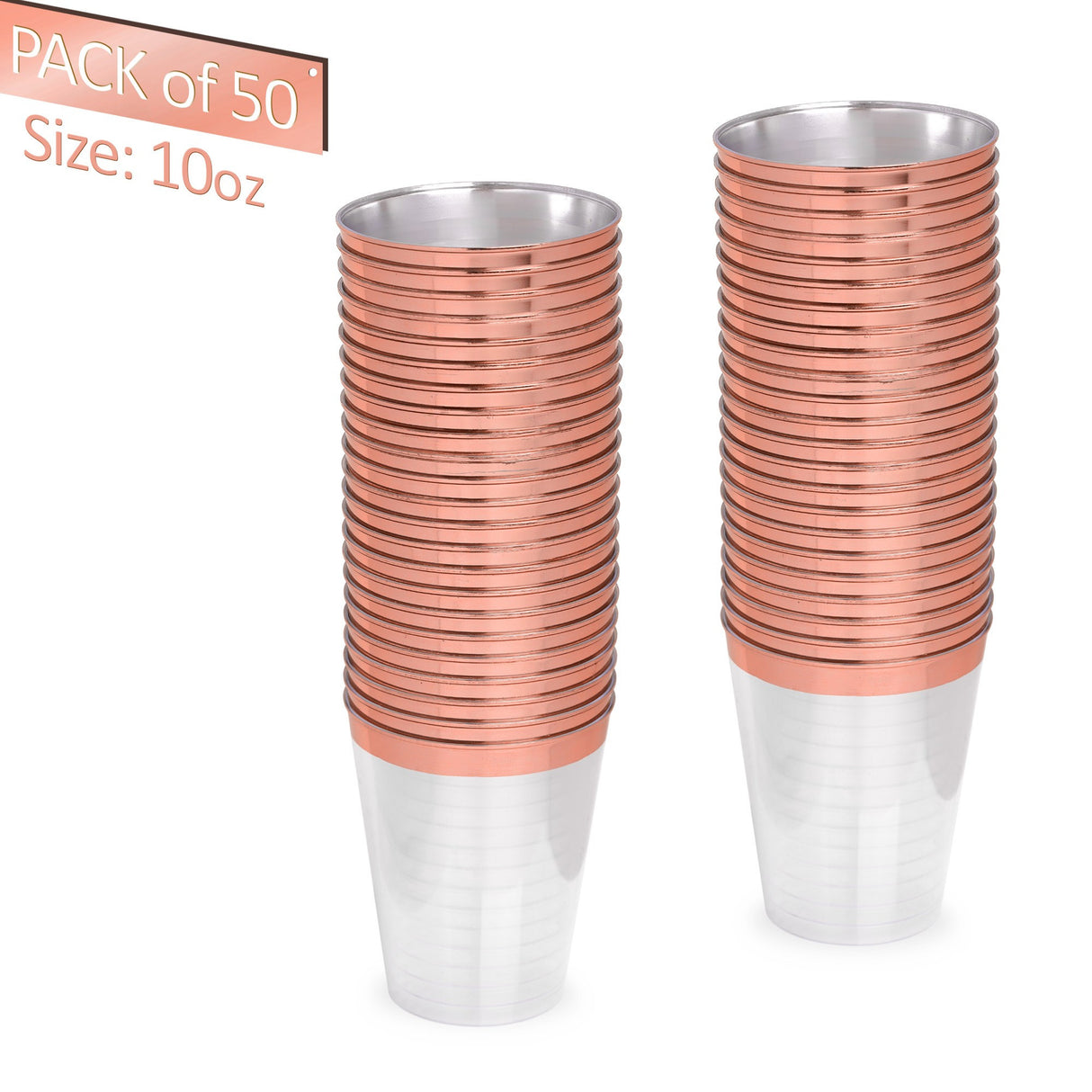 50 Pack 10oz Clear Plastic Party Cups with Rose Gold Rim - Decodine