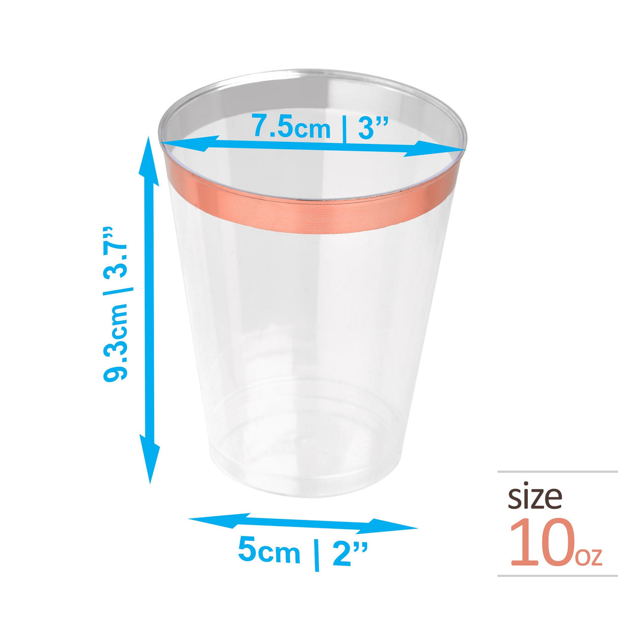 50 Pack 10oz Clear Plastic Party Cups with Rose Gold Rim - Decodine