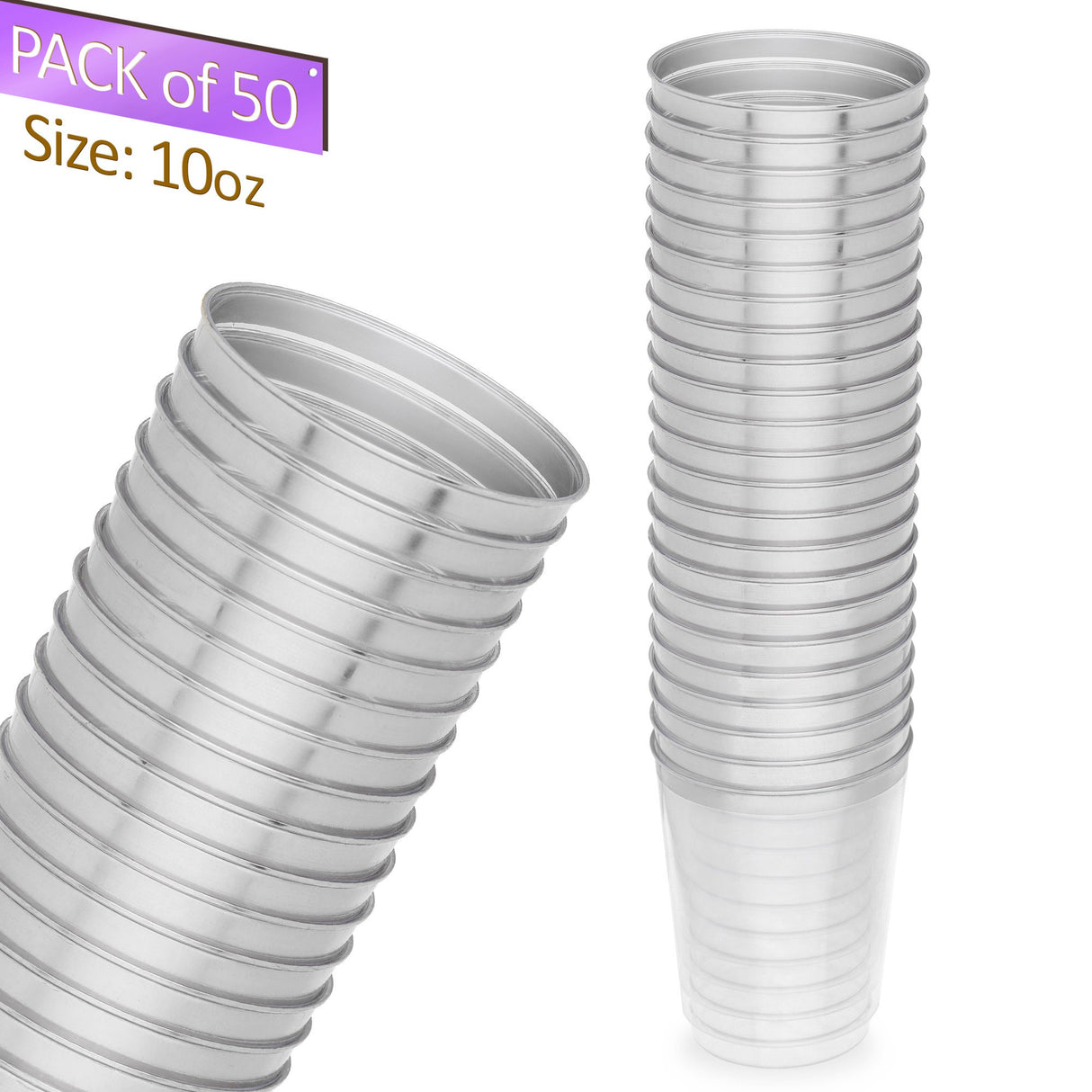 50 Pack 10oz Clear Plastic Party Cups with Silver Rim - Decodine