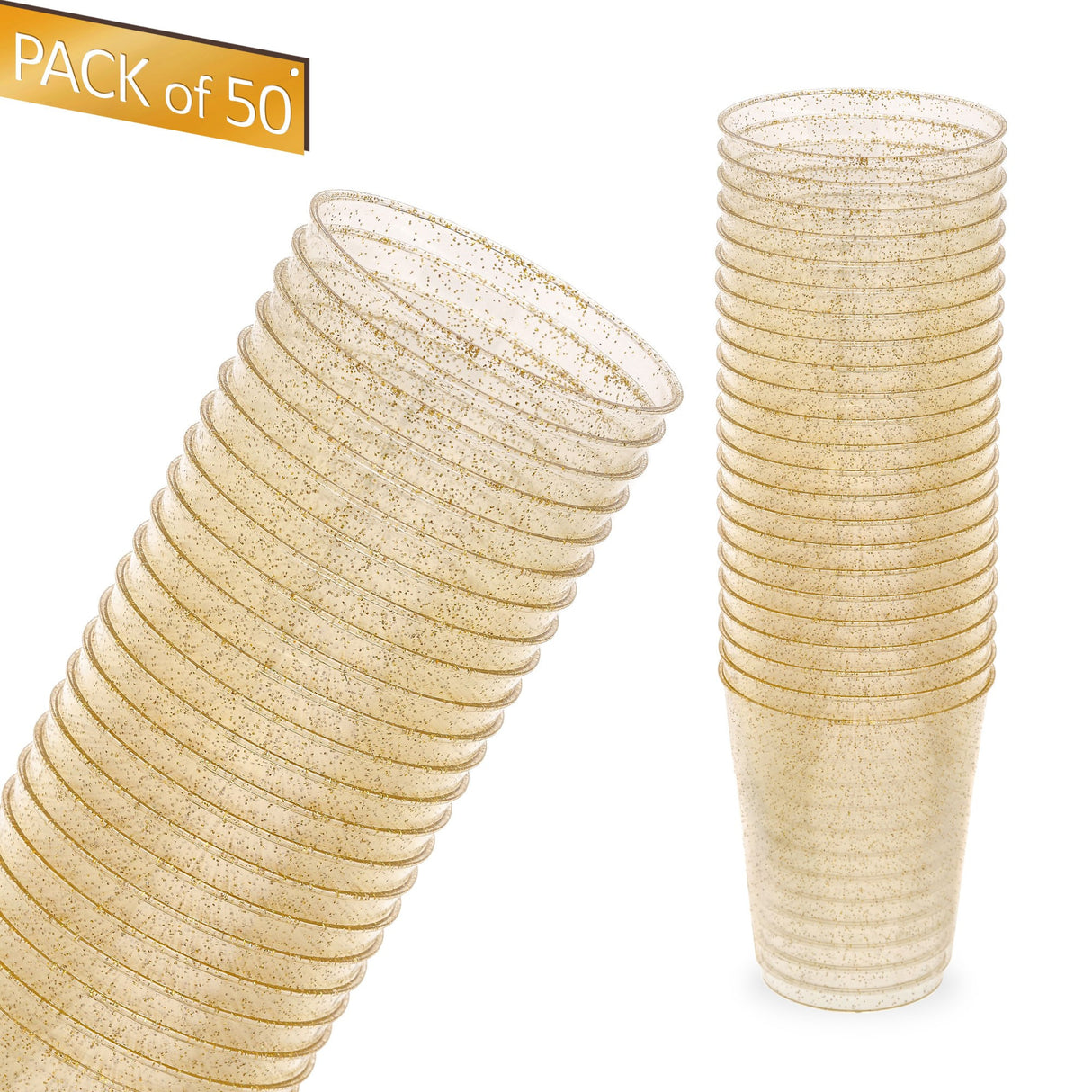 50 Pack 10oz Gold Glittered Plastic Party Cups - Decodine
