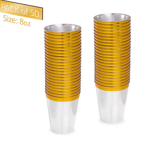 50 Pack 8oz Clear Plastic Party Cups with Gold Rim - Decodine