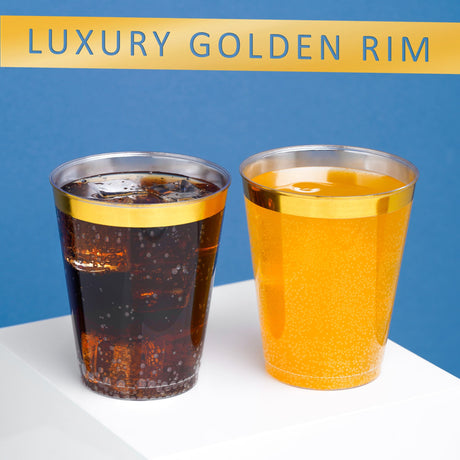 50 Pack 8oz Clear Plastic Party Cups with Gold Rim - Decodine