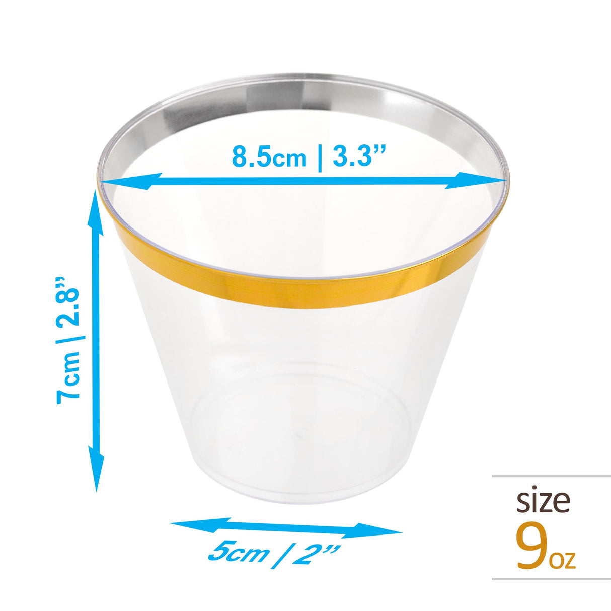 50 Pack 9oz Clear Plastic Party Dessert Cups with Gold Rim - Decodine