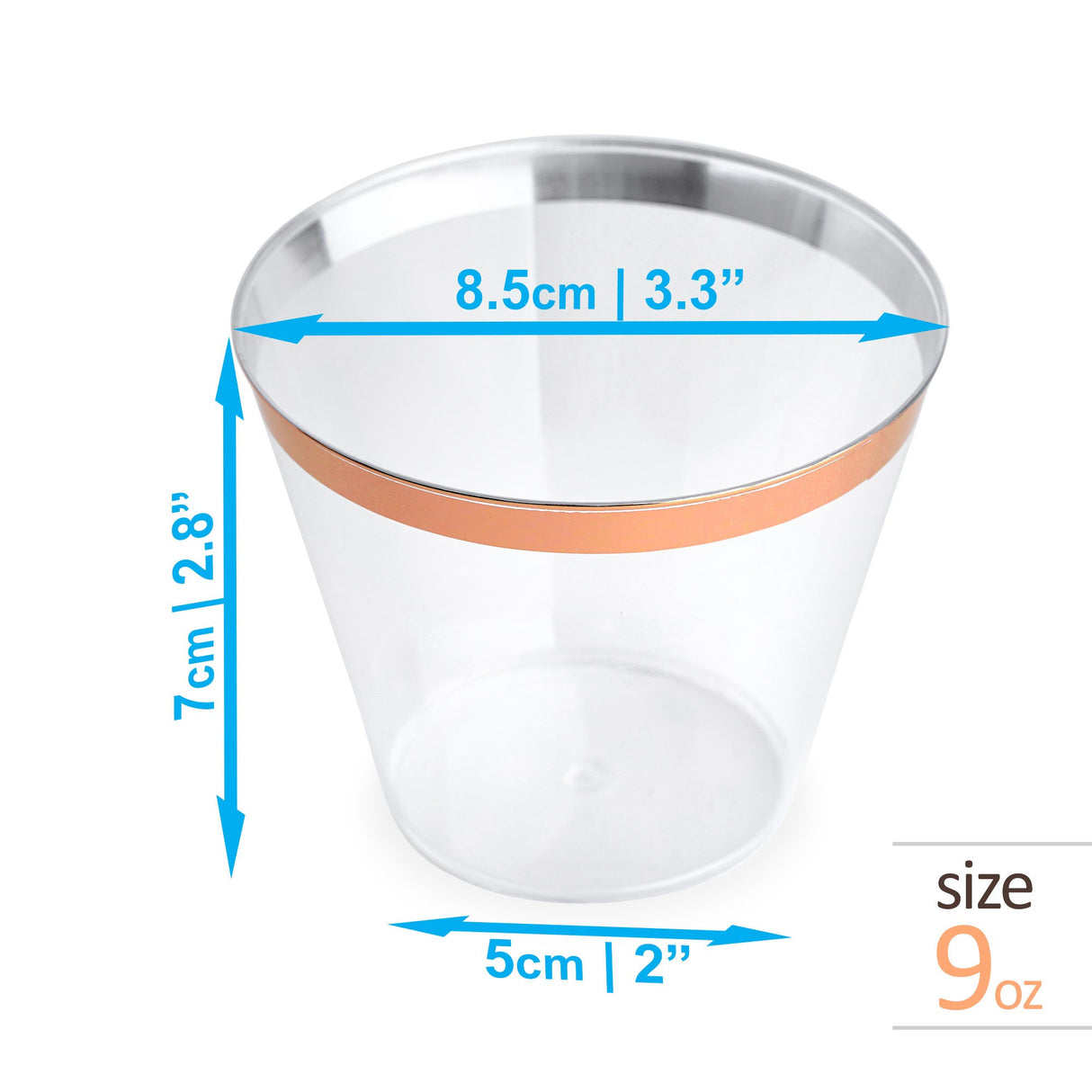 50 Pack 9oz Clear Plastic Party Dessert Cups with Rose Gold Rim - Decodine