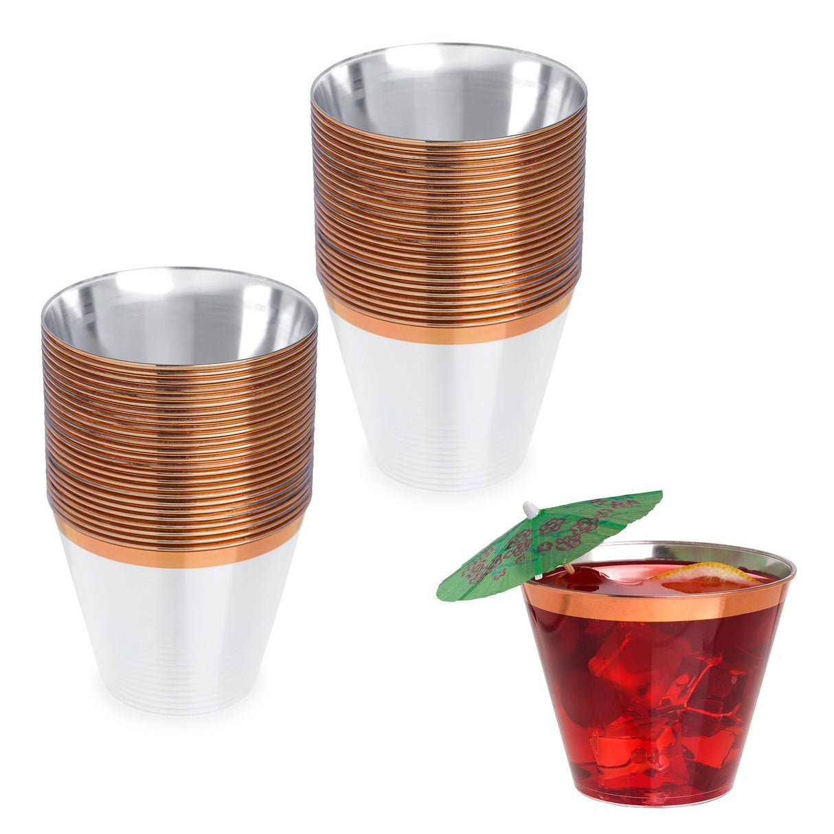50 Pack 9oz Clear Plastic Party Dessert Cups with Rose Gold Rim - Decodine