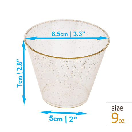 50 Pack 9oz Gold Glittered Plastic Party Cups - Decodine
