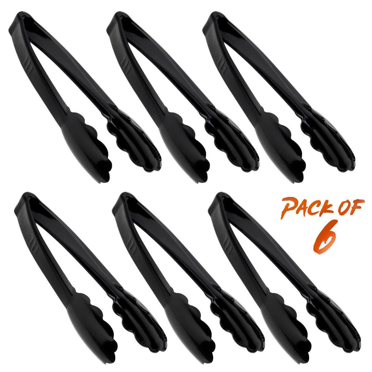 6 Pack 7.5" Black Plastic Serving Tongs - Decodine