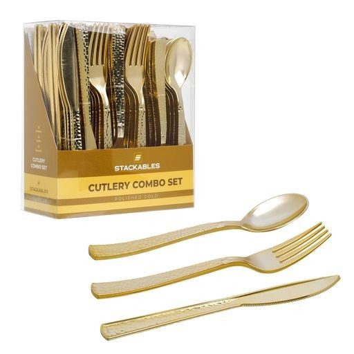 96 Piece Polished Gold Plastic Cutlery Combo Set - Decodine
