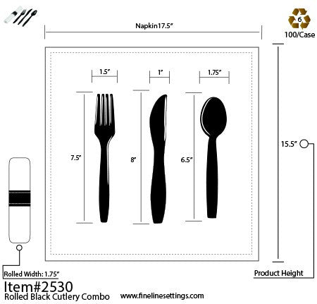 Individually Wrapped Napkin Rolled Cutlery - Black Fork, Knife & Spoon - Decodine