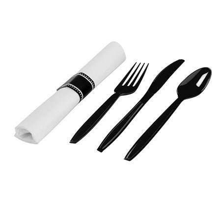 Individually Wrapped Napkin Rolled Cutlery - Black Fork, Knife & Spoon - Decodine