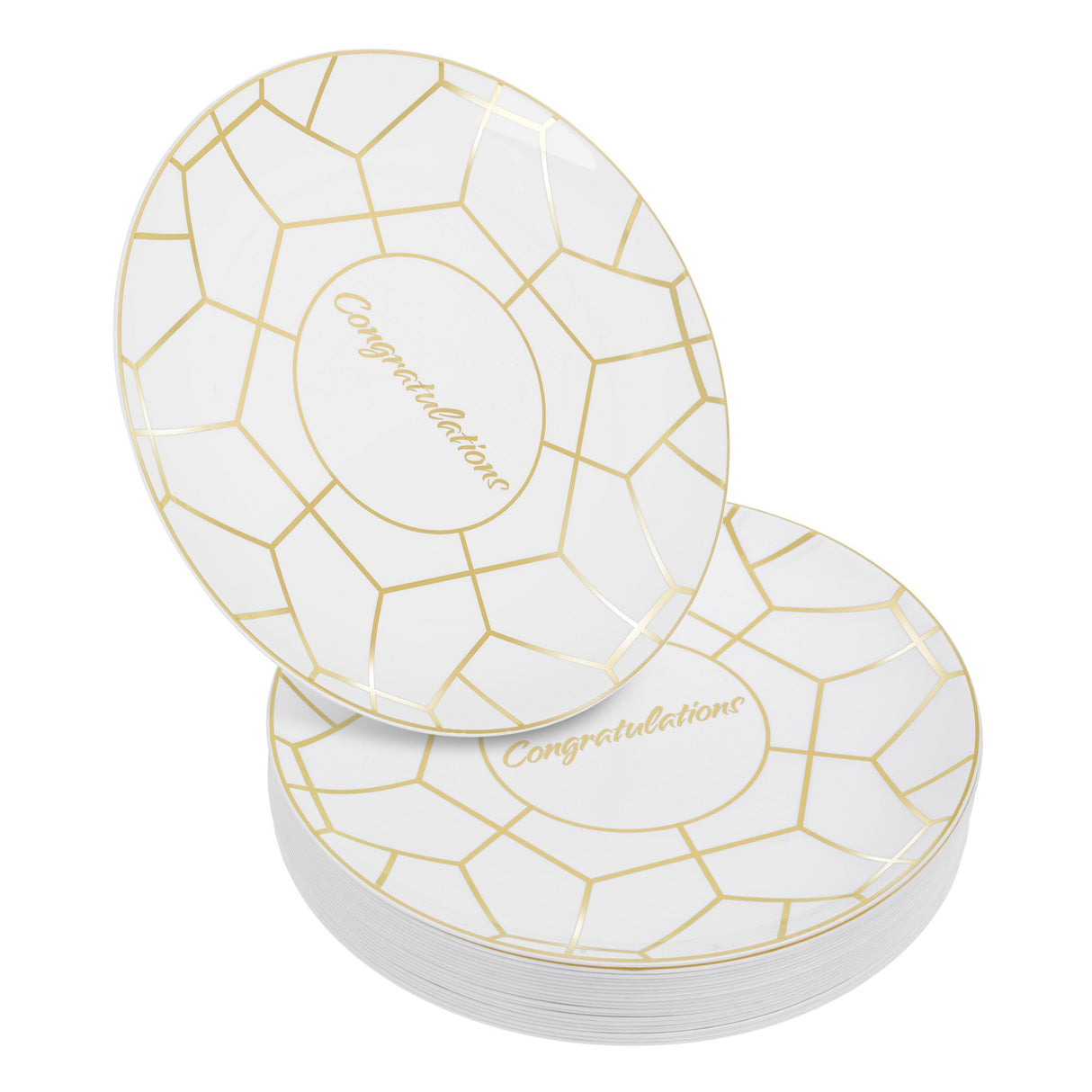 Pack of 20 10.5" Hexagon Designed Plastic Wedding Plates White and Gold with Inscription - Decodine