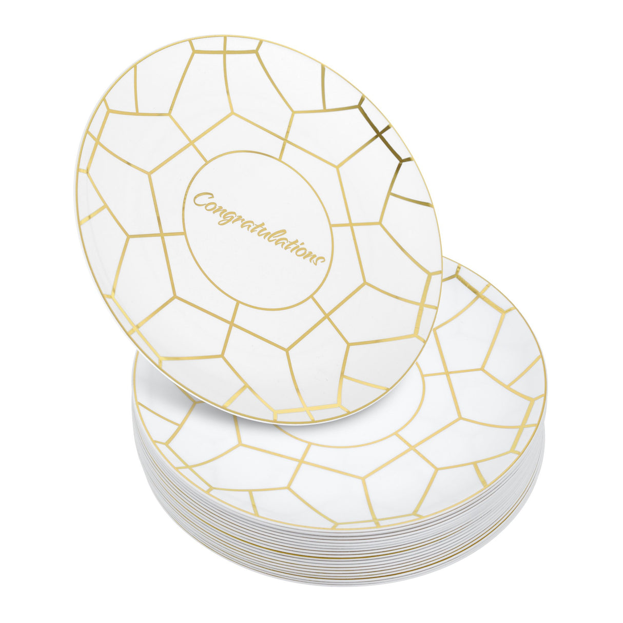 Pack of 20 7.5" Hexagon Designed Plastic Wedding Plates White and Gold with Inscription - Decodine