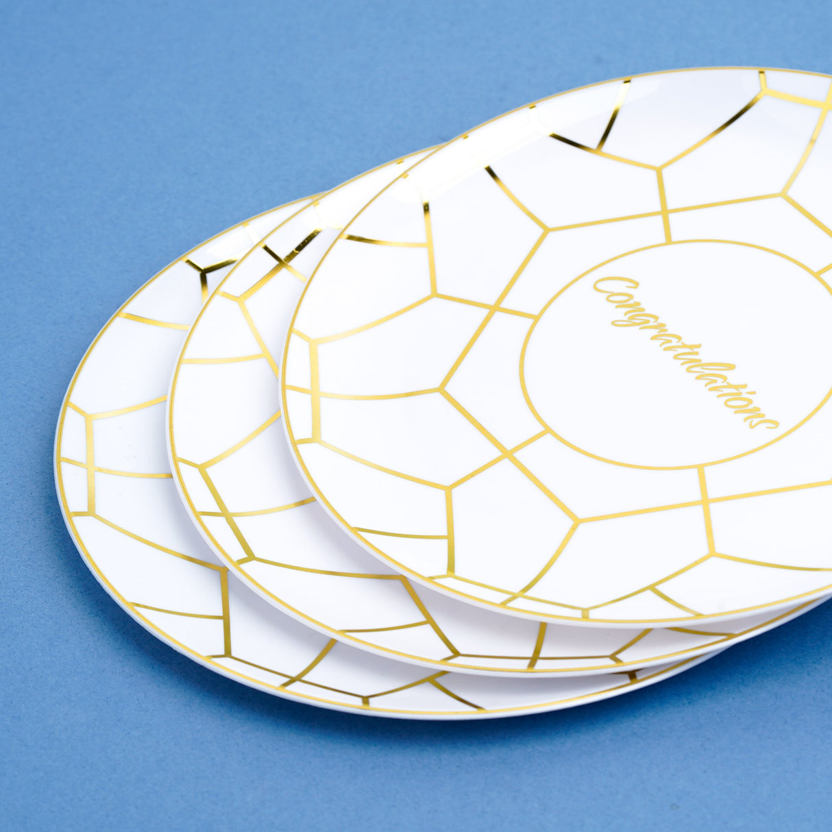 Pack of 20 7.5" Hexagon Designed Plastic Wedding Plates White and Gold with Inscription - Decodine