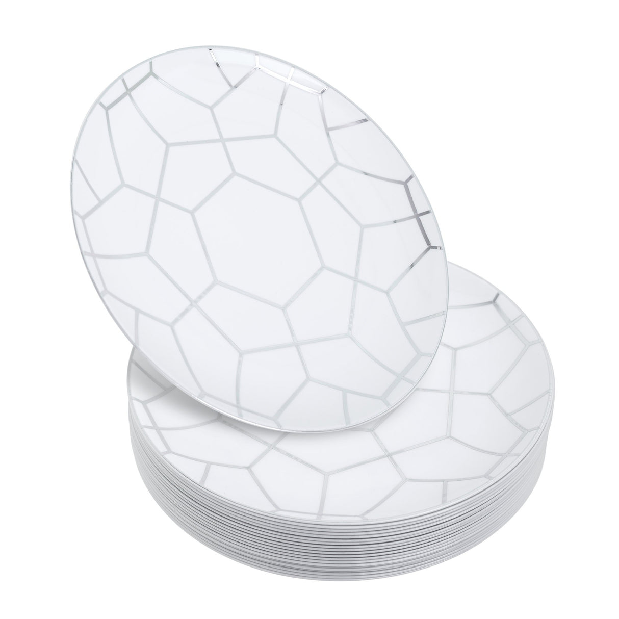 Pack of 20 7.5" Hexagon Designed Plastic Plates White and Silver - Decodine