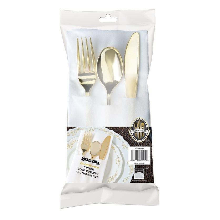 Pack of 7 Sets Full Cutlery Pockets Gold - Spoons, Forks, Knives, Napkin - Decodine