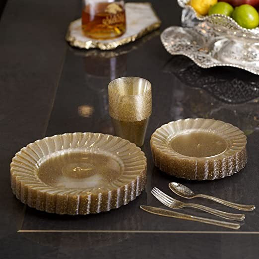 72 Pcs Hard Plastic Dinner Party Sets ~ Gold Glitter Cups Cutlery Dinner & Dessert Plates for 12 Guests - Decodine