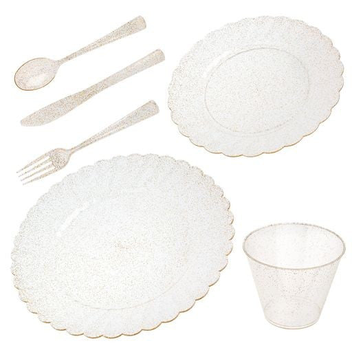 72 Pcs Hard Plastic Dinner Party Sets ~ Gold Glitter Cups Cutlery Dinner & Dessert Plates for 12 Guests - Decodine