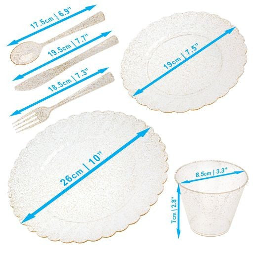 72 Pcs Hard Plastic Dinner Party Sets ~ Gold Glitter Cups Cutlery Dinner & Dessert Plates for 12 Guests - Decodine