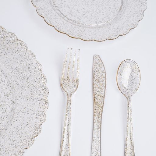 72 Pcs Hard Plastic Dinner Party Sets ~ Gold Glitter Cups Cutlery Dinner & Dessert Plates for 12 Guests - Decodine