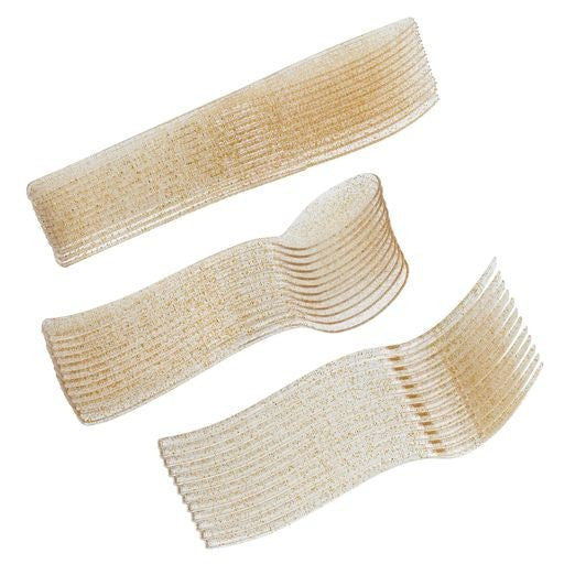 72 Pcs Hard Plastic Dinner Party Sets ~ Gold Glitter Cups Cutlery Dinner & Dessert Plates for 12 Guests - Decodine