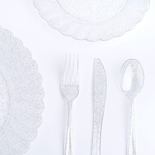 150 Pcs Plastic Silver Dinnerware Set ~ Plates Cutlery & Cups Combo for 25 Guests Glittered Sliver - Decodine