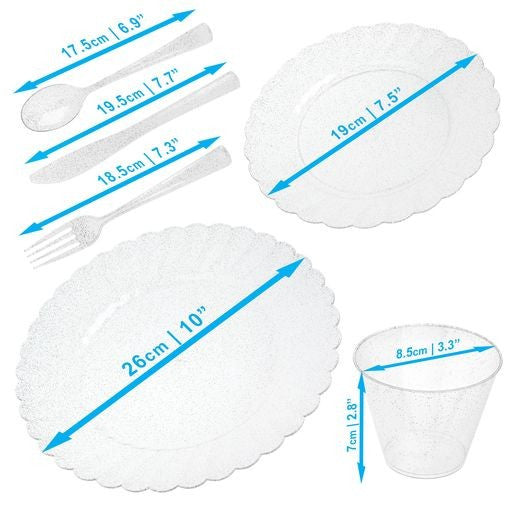 150 Pcs Plastic Silver Dinnerware Set ~ Plates Cutlery & Cups Combo for 25 Guests Glittered Sliver - Decodine