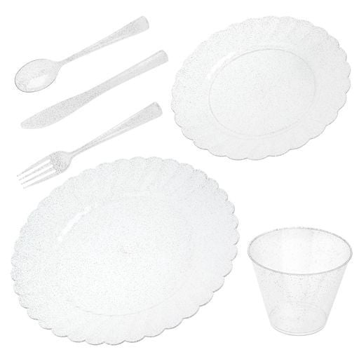 150 Pcs Plastic Silver Dinnerware Set ~ Plates Cutlery & Cups Combo for 25 Guests Glittered Sliver - Decodine