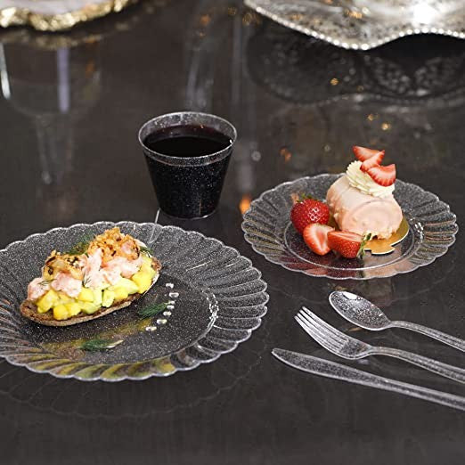 150 Pcs Plastic Silver Dinnerware Set ~ Plates Cutlery & Cups Combo for 25 Guests Glittered Sliver - Decodine