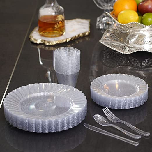 150 Pcs Plastic Silver Dinnerware Set ~ Plates Cutlery & Cups Combo for 25 Guests Glittered Sliver - Decodine